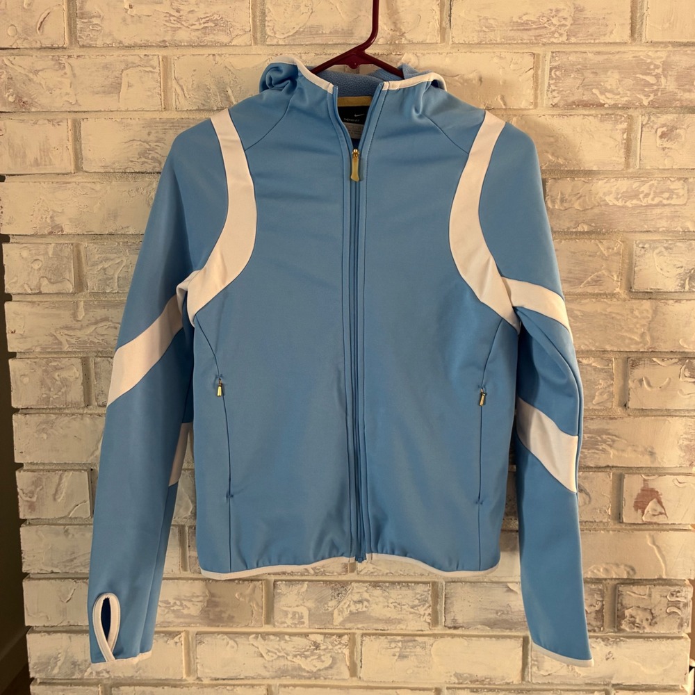 Nike Therma-FIT Jacket Blue White Colorblock Gold Swoosh Hooded Womens S Y2K